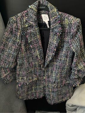 cinq a sept Black Tweed Blazer with Pink, Blue & Yellow Accents